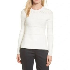 HUGO BOSS White Knit Sweater Size XS Structured Ribbed Crewneck